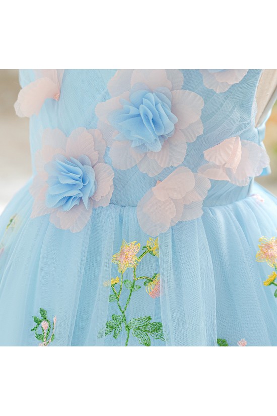 Cute Beautiful Mesh V Neck Princess Dress with 3D Flowers Birthday Wedding Party Knee Length Flower Girl Dresses XF101057