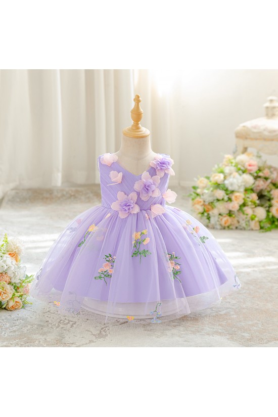 Cute Beautiful Mesh V Neck Princess Dress with 3D Flowers Birthday Wedding Party Knee Length Flower Girl Dresses XF101057
