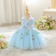 Cute Beautiful Mesh V Neck Princess Dress with 3D Flowers Birthday Wedding Party Knee Length Flower Girl Dresses XF101057