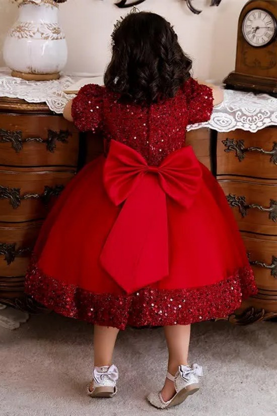 Girls' Toddler Red Sequins Tulle Short Sleeve Birthday Party Wedding Flower Girl Dresses with Bow XF101058
