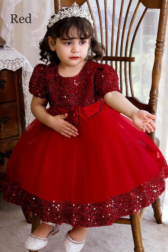 Girls' Toddler Red Sequins Tulle Short Sleeve Birthday Party Wedding Flower Girl Dresses with Bow XF101058