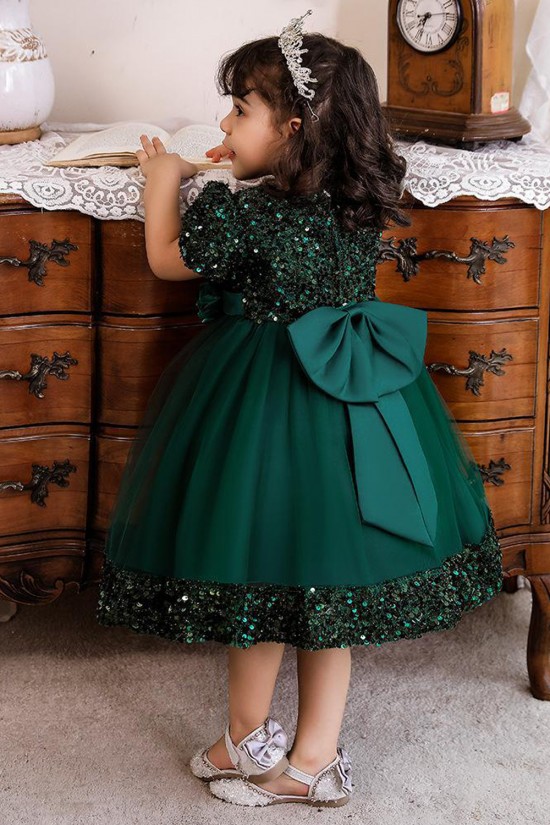 Sequins Tulle Princess Dress Dark Green Birthday Wedding Party Flower Girl Dresses with Bow XF101060