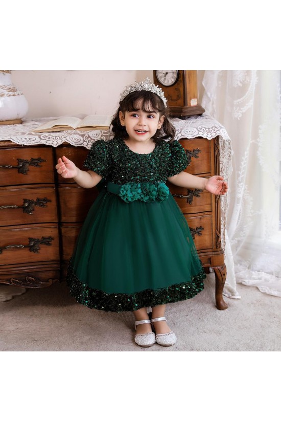 Sequins Tulle Princess Dress Dark Green Birthday Wedding Party Flower Girl Dresses with Bow XF101060
