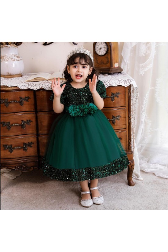 Sequins Tulle Princess Dress Dark Green Birthday Wedding Party Flower Girl Dresses with Bow XF101060
