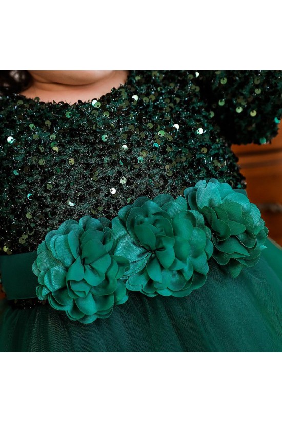 Sequins Tulle Princess Dress Dark Green Birthday Wedding Party Flower Girl Dresses with Bow XF101060