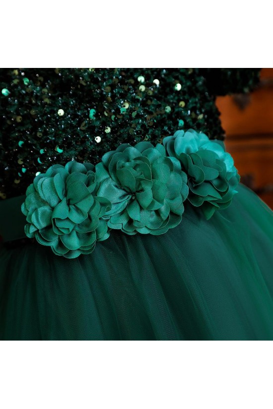 Sequins Tulle Princess Dress Dark Green Birthday Wedding Party Flower Girl Dresses with Bow XF101060