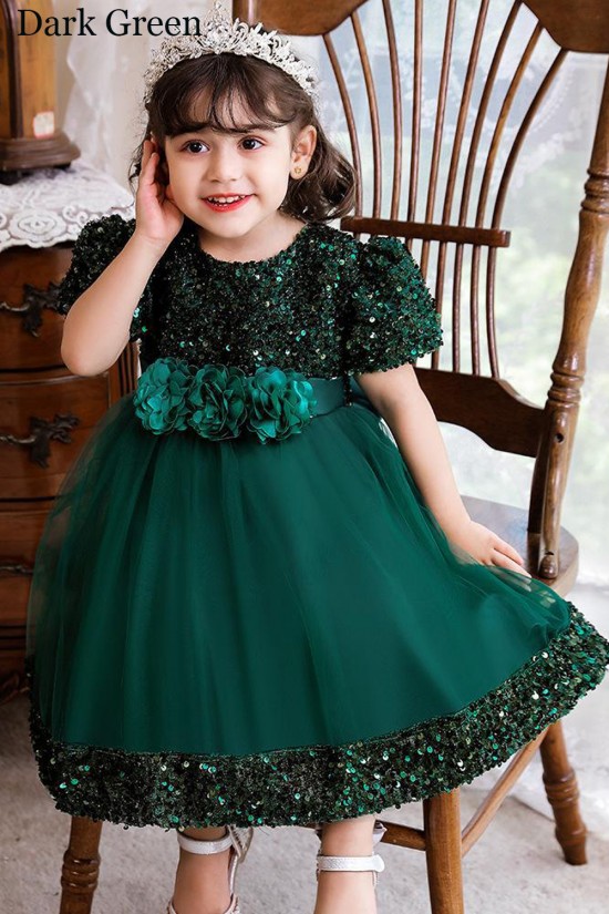Sequins Tulle Princess Dress Dark Green Birthday Wedding Party Flower Girl Dresses with Bow XF101060