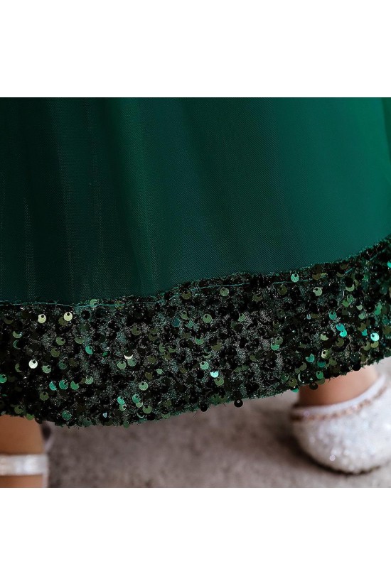 Sequins Tulle Princess Dress Dark Green Birthday Wedding Party Flower Girl Dresses with Bow XF101060