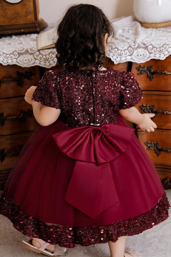 Sequins Tulle Princess Dress Burgundy Birthday Wedding Party Flower Girl Dresses with Bow XF101062
