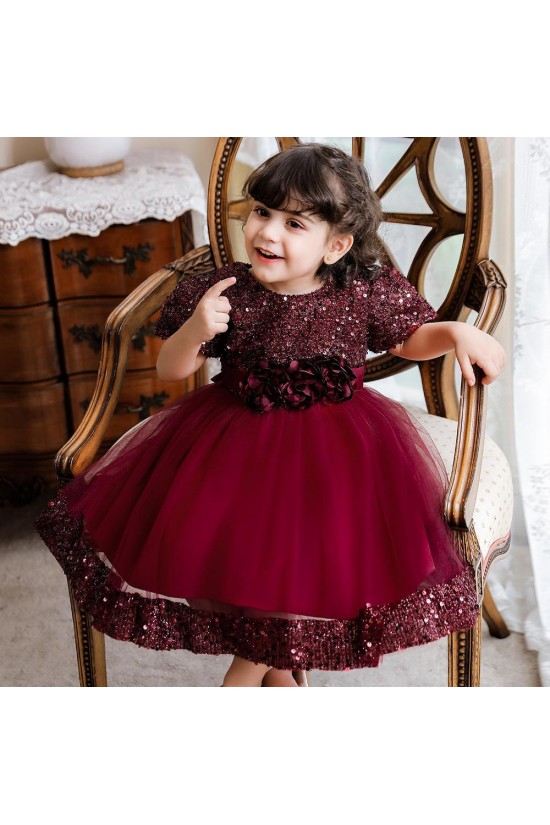 Sequins Tulle Princess Dress Burgundy Birthday Wedding Party Flower Girl Dresses with Bow XF101062