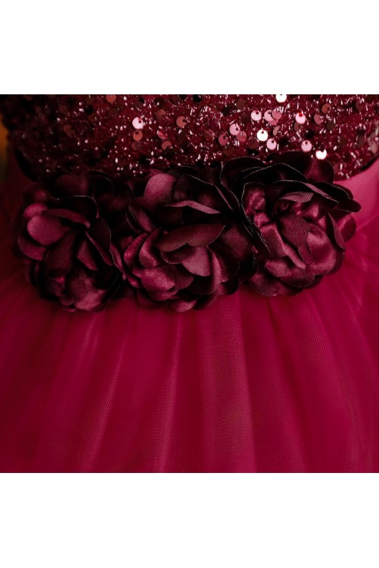 Sequins Tulle Princess Dress Burgundy Birthday Wedding Party Flower Girl Dresses with Bow XF101062