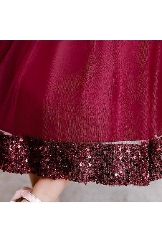 Sequins Tulle Princess Dress Burgundy Birthday Wedding Party Flower Girl Dresses with Bow XF101062