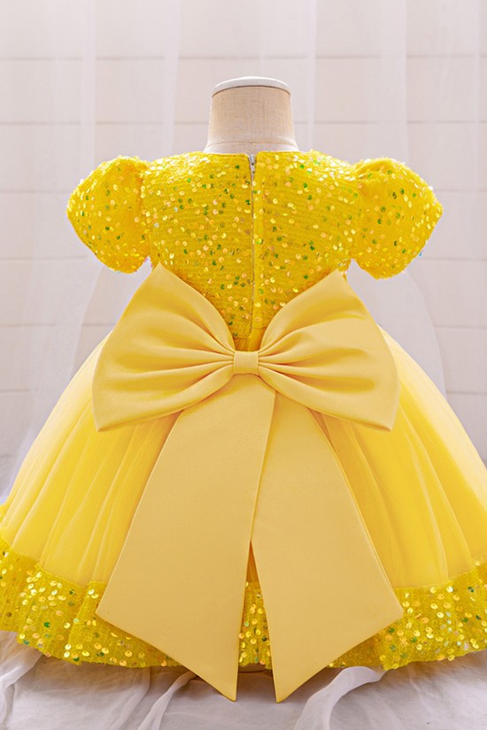 Sequins Tulle Princess Dress Yellow Birthday Wedding Party Flower Girl Dresses with Bow XF101065