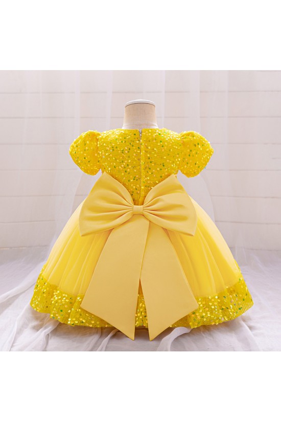 Sequins Tulle Princess Dress Yellow Birthday Wedding Party Flower Girl Dresses with Bow XF101065