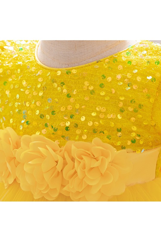 Sequins Tulle Princess Dress Yellow Birthday Wedding Party Flower Girl Dresses with Bow XF101065