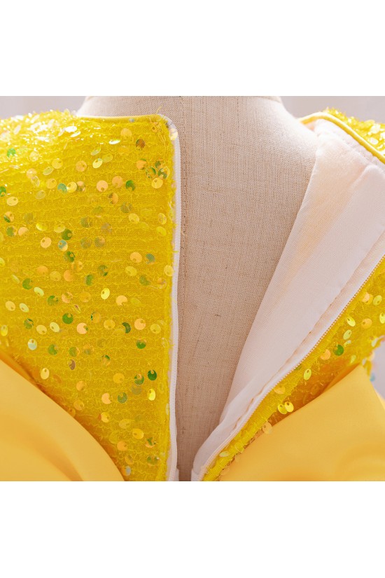 Sequins Tulle Princess Dress Yellow Birthday Wedding Party Flower Girl Dresses with Bow XF101065