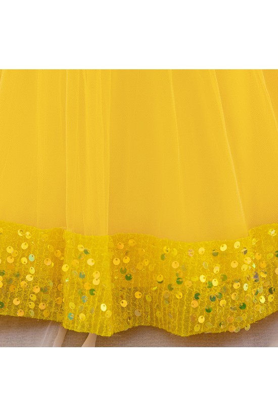 Sequins Tulle Princess Dress Yellow Birthday Wedding Party Flower Girl Dresses with Bow XF101065