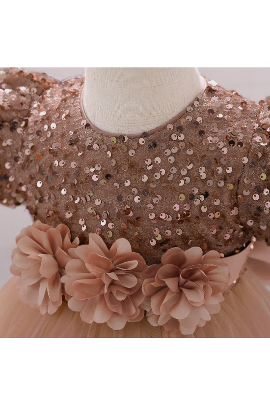 Sequins Tulle Princess Dress Brown Birthday Wedding Party Flower Girl Dresses with Bow XF101069