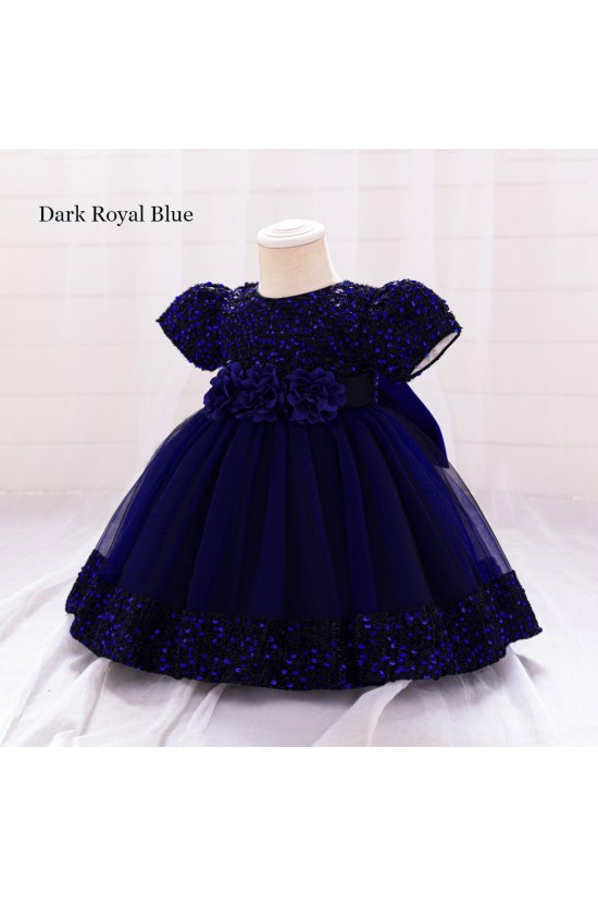 Sequins Tulle Princess Dress Dark Royal Blue Birthday Wedding Party Flower Girl Dresses with Bow XF101073