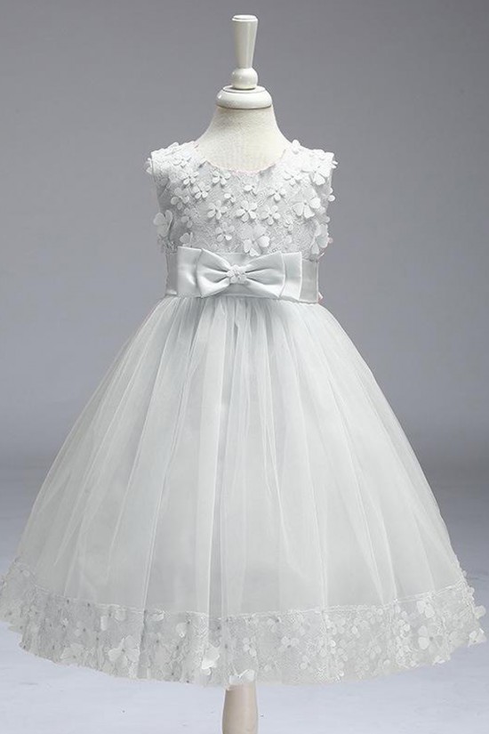 A-Line Lace and Tulle White Wedding Party Flower Girl Dresses XF101088