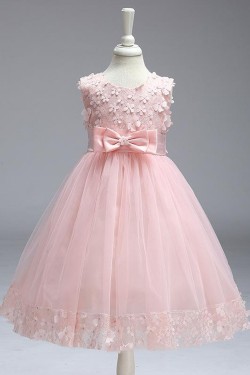 A-Line Pink Lace and Tulle White Wedding Party Flower Girl Dresses XF101091