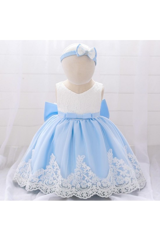 Cute Embroidery Princess Birthday Party Dress Lace Bowknot Wedding Party Flower Girl Dresses with Headwear XF101105