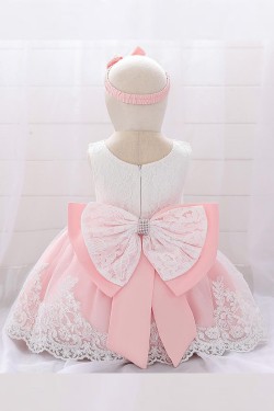 Affordable Cute Lace Pink and White Bowknot Wedding Party Flower Girl Dresses with Headwear XF101106