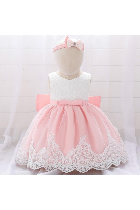 Affordable Cute Lace Red Bowknot Wedding Party Flower Girl Dresses with Headwear XF101107