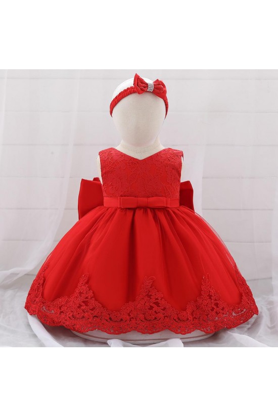 Affordable Cute Lace Red Bowknot Wedding Party Flower Girl Dresses with Headwear XF101107