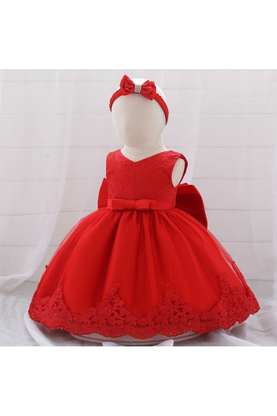 Affordable Cute Lace Red Bowknot Wedding Party Flower Girl Dresses with Headwear XF101107