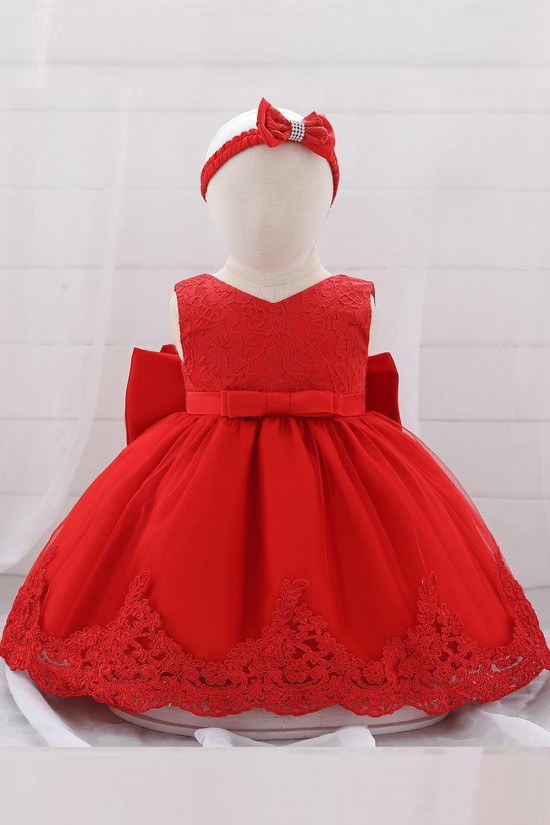 Affordable Cute Lace Red Bowknot Wedding Party Flower Girl Dresses with Headwear XF101107