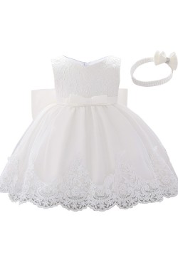 Cute Lace White Wedding Party Flower Girl Dresses with Bowknot XF101111