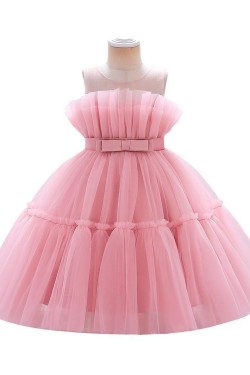 Cute Tulle Pink Princess Dress Wedding Party Flower Girl Dresses with Bowknot XF101112