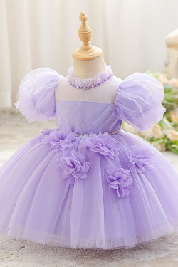 Cute Kids Princess Beaded Tulle Dress with Puff Sleeves Wedding Birthday Party Flower Girl Dresses with 3D Flowers XF101122