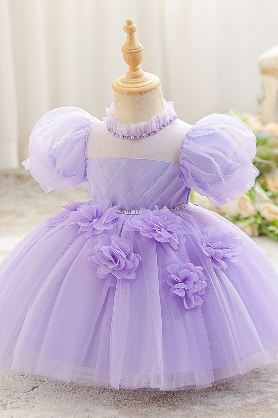 Cute Kids Princess Beaded Tulle Dress with Puff Sleeves Wedding Birthday Party Flower Girl Dresses with 3D Flowers XF101122