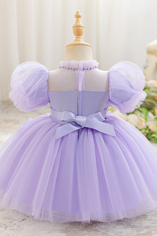 Cute Kids Princess Beaded Tulle Dress with Puff Sleeves Wedding Birthday Party Flower Girl Dresses with 3D Flowers XF101122