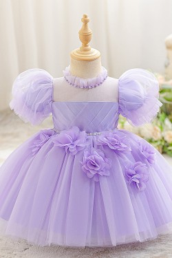 Cute Kids Princess Beaded Tulle Dress with Puff Sleeves Wedding Birthday Party Flower Girl Dresses with 3D Flowers XF101122