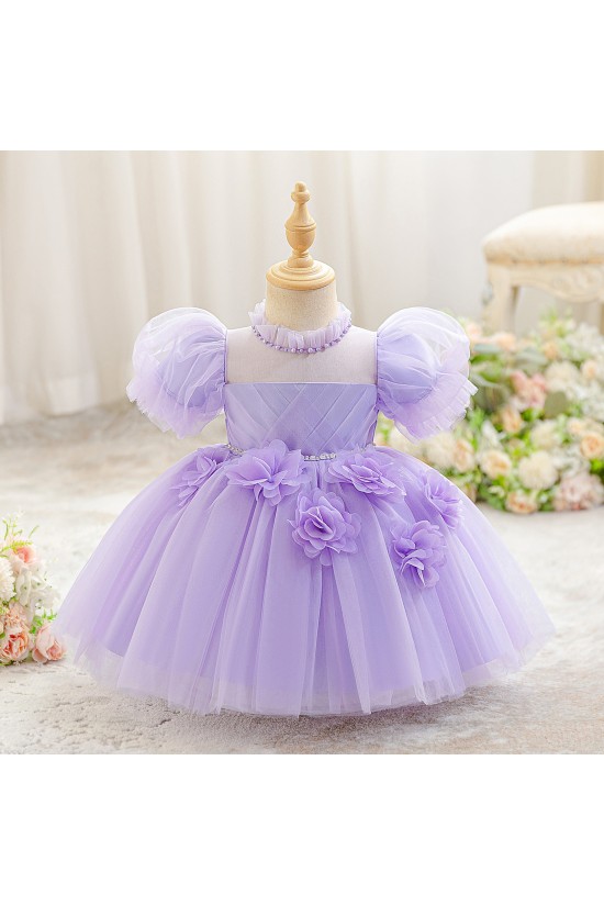 Cute Kids Princess Beaded Tulle Dress with Puff Sleeves Wedding Birthday Party Flower Girl Dresses with 3D Flowers XF101122