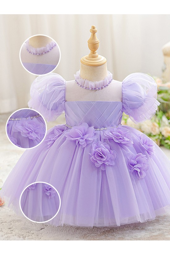 Cute Kids Princess Beaded Tulle Dress with Puff Sleeves Wedding Birthday Party Flower Girl Dresses with 3D Flowers XF101122