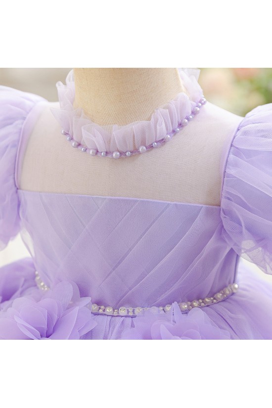Cute Kids Princess Beaded Tulle Dress with Puff Sleeves Wedding Birthday Party Flower Girl Dresses with 3D Flowers XF101122