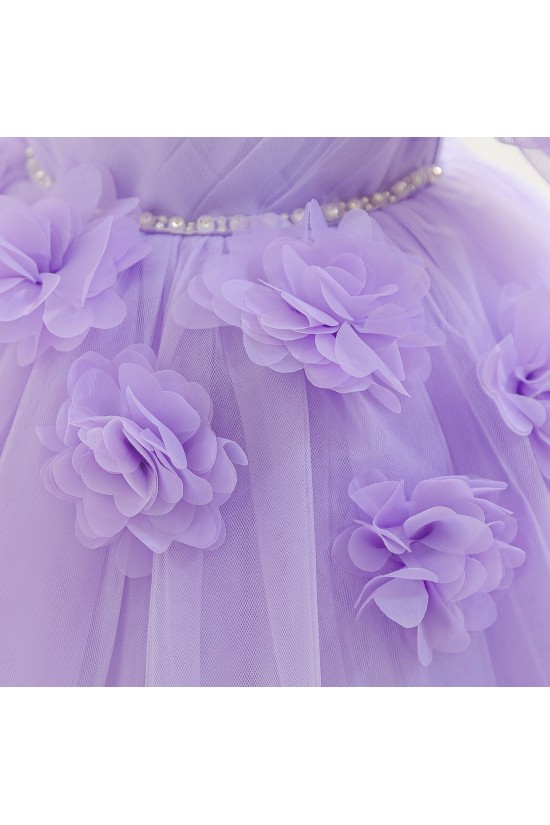 Cute Kids Princess Beaded Tulle Dress with Puff Sleeves Wedding Birthday Party Flower Girl Dresses with 3D Flowers XF101122