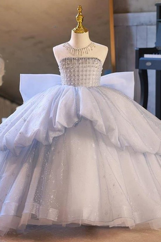 A-Line Luxury Kids Princess Dusty Blue Pageant Gowns Flower Girl Dress with Sequins and Beaded Illusion Neckline XF101123 A-Line Luxury Kids Princess Dusty Blue Pageant Gowns Flower Girl Dress with Sequins and Beaded Illusion Neckline XF101123