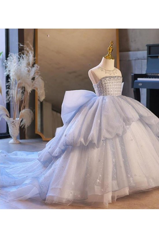 A-Line Luxury Kids Princess Dusty Blue Pageant Gowns Flower Girl Dress with Sequins and Beaded Illusion Neckline XF101123 A-Line Luxury Kids Princess Dusty Blue Pageant Gowns Flower Girl Dress with Sequins and Beaded Illusion Neckline XF101123