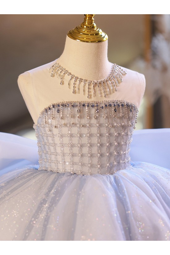 A-Line Luxury Kids Princess Dusty Blue Pageant Gowns Flower Girl Dress with Sequins and Beaded Illusion Neckline XF101123 A-Line Luxury Kids Princess Dusty Blue Pageant Gowns Flower Girl Dress with Sequins and Beaded Illusion Neckline XF101123