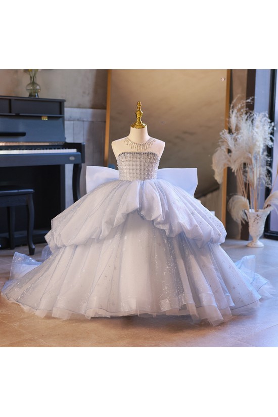 A-Line Luxury Kids Princess Dusty Blue Pageant Gowns Flower Girl Dress with Sequins and Beaded Illusion Neckline XF101123 A-Line Luxury Kids Princess Dusty Blue Pageant Gowns Flower Girl Dress with Sequins and Beaded Illusion Neckline XF101123