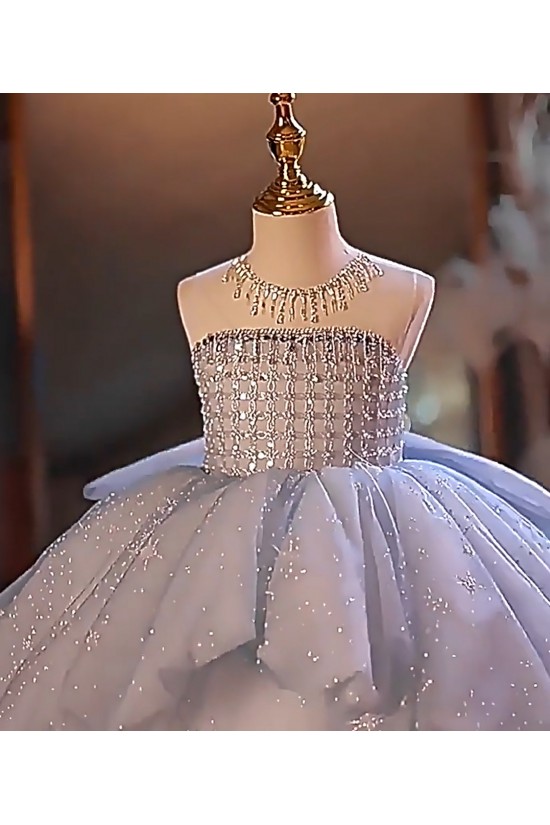 A-Line Luxury Kids Princess Dusty Blue Pageant Gowns Flower Girl Dress with Sequins and Beaded Illusion Neckline XF101123 A-Line Luxury Kids Princess Dusty Blue Pageant Gowns Flower Girl Dress with Sequins and Beaded Illusion Neckline XF101123