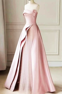 A-Line Strapless Long Satin and Tulle Prom Dresses Formal Evening Party Dresses XP101001