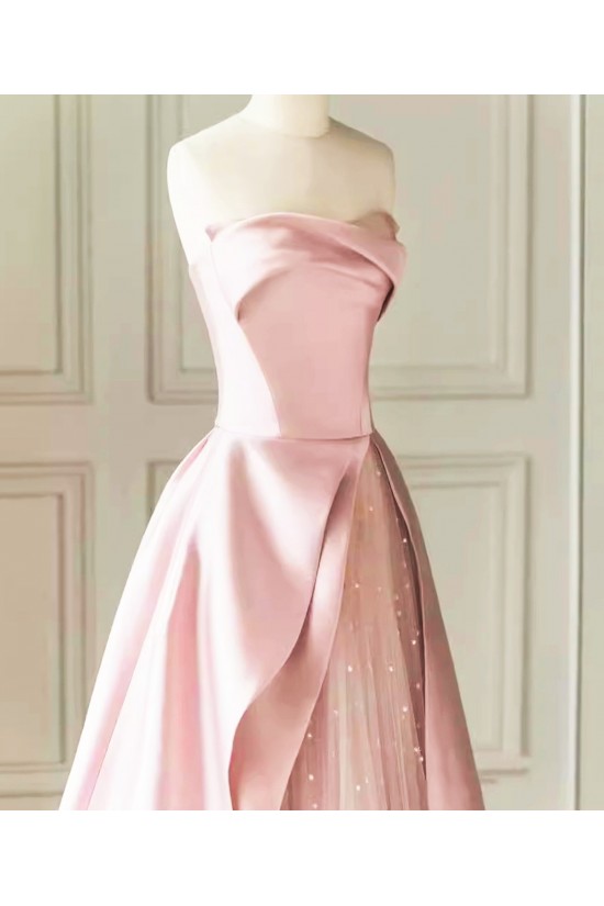 A-Line Strapless Long Satin and Tulle Prom Dresses Formal Evening Party Dresses XP101001