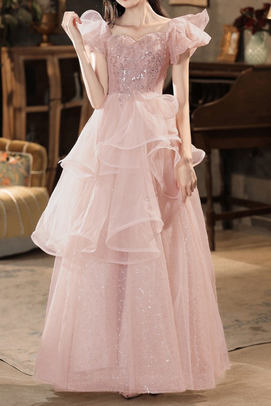 Gorgeous Long Pink Off the Shoulder Sparkle Tulle Prom Dresses Formal Evening Party Dresses XP101002
