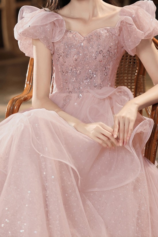 Gorgeous Long Pink Off the Shoulder Sparkle Tulle Prom Dresses Formal Evening Party Dresses XP101002